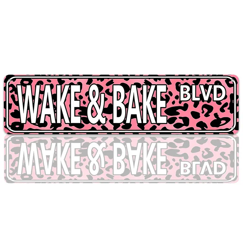 Pink Leopard Print "Wake & Bake Blvd" Sign 16×4 Inch Flat Aluminum Metal Sign, Bold Girly Stoner Vibe, Indoor/Outdoor Bedroom & Dorm Decor, Trendy Cannabis Culture Gift, Top Selling Novelty Wall Art