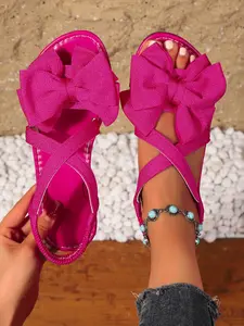 Women's Bow Cross Strap Dressy Flat Sandals, Sweet Cool Girl Dopaamine Style, Large Bow + Cross Straps + Back Elastic Band, Summer Versatile Shoes, Flat Heel, Glitter Strappy Sandals
