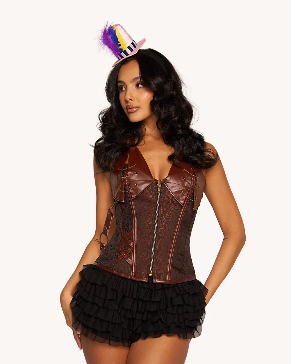 iHeartRaves Women's Mad Hatter Halter Corset Top, Adjustable Lace Up Festival Costume with Front Zipper, Body Contouring Fit, Women's Clothes, Sleeveless, Festival Vibe, Customizable, Fitted, Sculpts And Contours