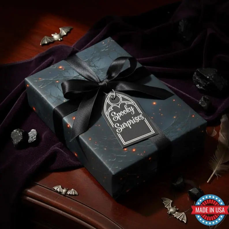 Dark Black Red Spider Web Wrapping Paper Nature Inspired Unique Design Gothic Trees Fog and Illuminated Web Halloween Gift Wrap Roll Goth