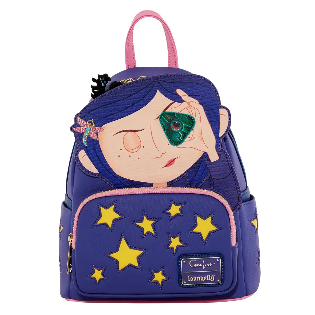 Loungefly Laika Coraline Jones Cosplay Mini Backpack, Small Kawaii Faux Leather Collectible with Glow in the Dark Stars, Kawaii Backpack Small