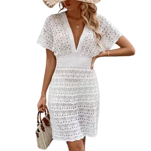 QUINTARIS Women's Crochet Beach Cover-Up Dress, Deep V Neck Short Sleeve Hollow Knit Swimsuit Cover for Summer Vacation