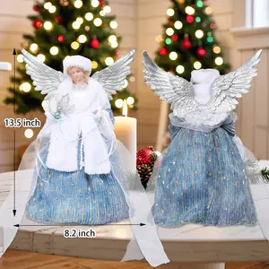 Lighted Angel Christmas Tree Topper with Silver Wings & Blue Gown,Festive Angel Figurine with LED Lights, Elegant Tree Decoration for Holiday Ambiance