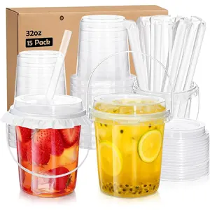 15Set 32OZ Clear Plastic Cups with Lid and Straw,  Beverage Bucket with Handle & Seal Paper for Ice Cream, Iced Coffee, Smoothie, Sturdy  Safe Party Cups for Birthday, Picnic, Beach Party