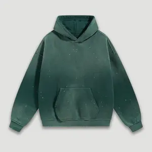 Green Oversized Hoodie for Men 360G Fleece Vintage Wshed Streetwear with Spray-Dyed Unisex Winter Blank Casual Sweatshirt Loungewear