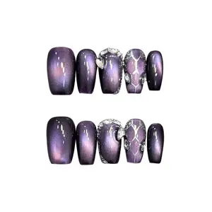 Glam Purple Iridescent Medium Square Press On Nails With Crystal And Web-Like Decorations, Handmade Reusable Acrylic Fake Nails For Luxe Style