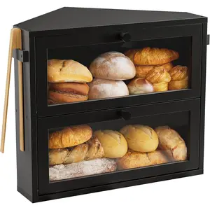 Corner Bread Box for Kitchen Countertop, Large Double Layer Bread Storage Container for Homemade Bread, Black Bread Holder for Kitchen Counter, Under Cabinet Organizer (Black, Medium)