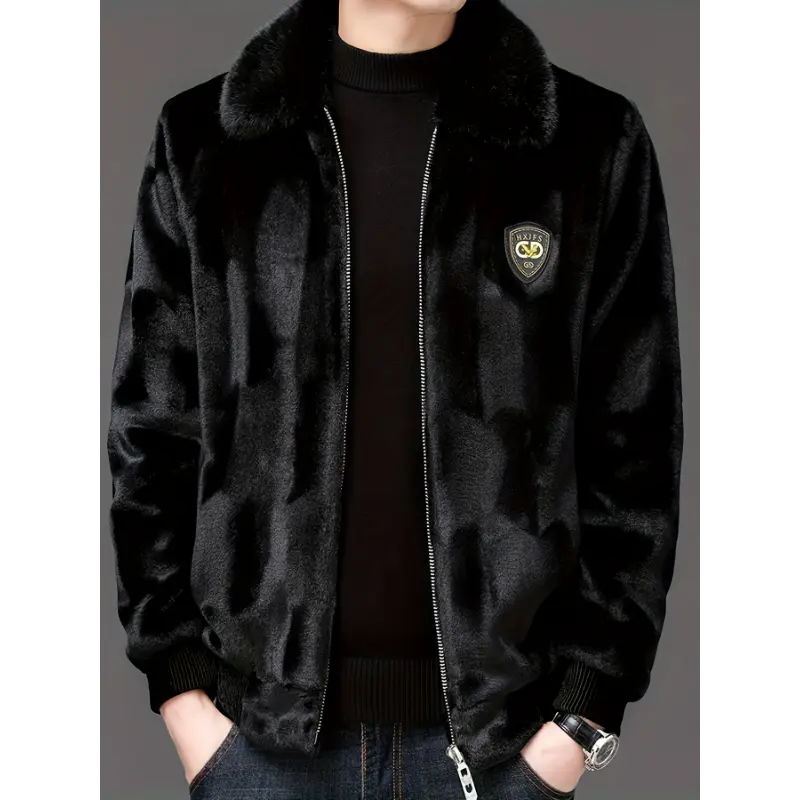 Men's Luxury Faux Mink Jacket with Alphabet Pattern, Thick Warm Regular Fit Knit Top with Lapel Collar and Zipper Closure, Tops, Jackets, Fabric, Menswear, Knitting, Letters, Hand Wash Only