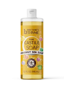 Brittanie's Coconut Sea Salt Castile Soap 32oz Pure Natural Multi Purpose Soap for Face Body Hair Home and Laundry Hydrating Olive Oil Formula Clean Ingredients Family Safe Made in USA Gentle Effective Everyday Use Fresh Coastal Scent