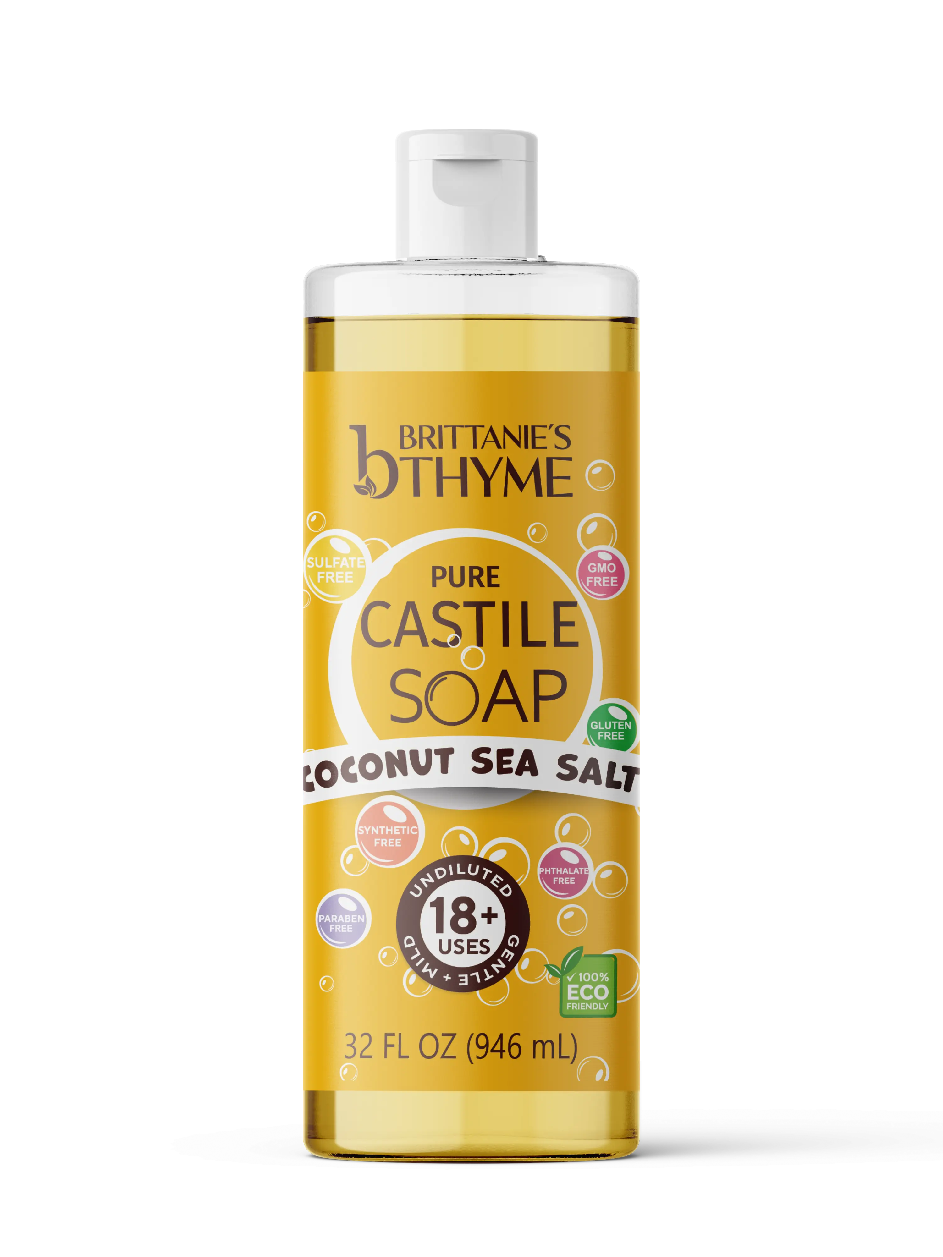 Brittanie's Coconut Sea Salt Castile Soap 32oz Pure Natural Multi Purpose Soap for Face Body Hair Home and Laundry Hydrating Olive Oil Formula Clean Ingredients Family Safe Made in USA Gentle Effective Everyday Use Fresh Coastal Scent
