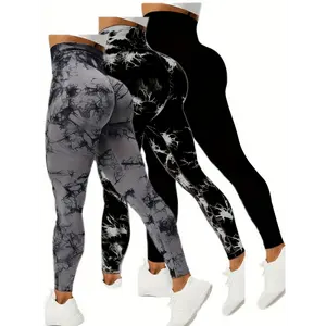 Three-Piece Set of Sports Yoga Leggings for Women in Tie-Dye Black, Gray, And Solid Black.