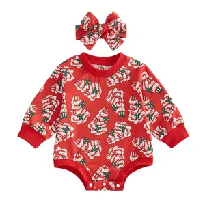Newborn Baby Girl First Christmas Outfit Christmas Tree Sweatshirt Bubble Romper Bodysuit Fall Winter Warm Jumpsuit