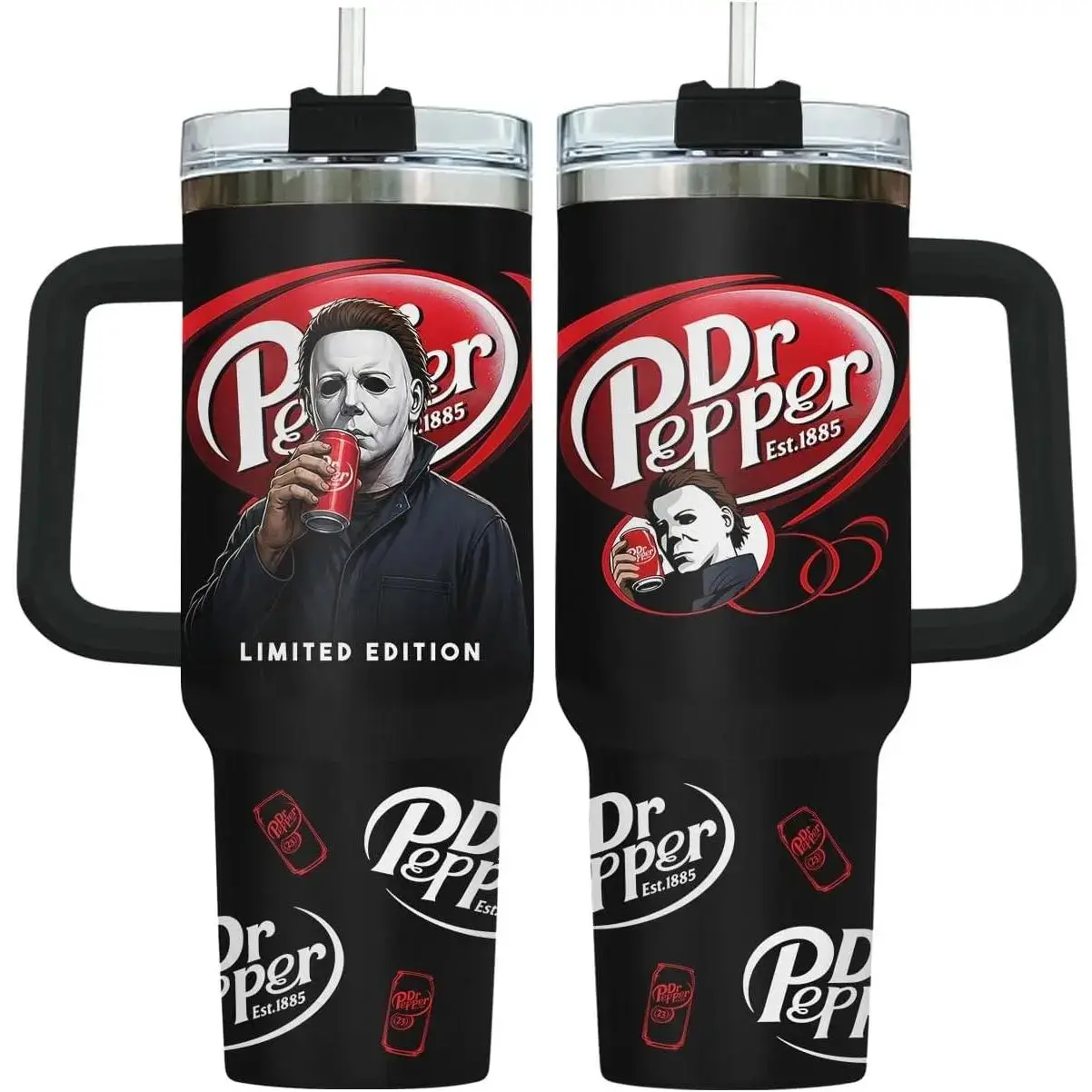 40oz Tumbler with Handle Straw Lid Insulated Stainless Steel Scary Masked Killer Soda Drinker Horror Halloween Merch