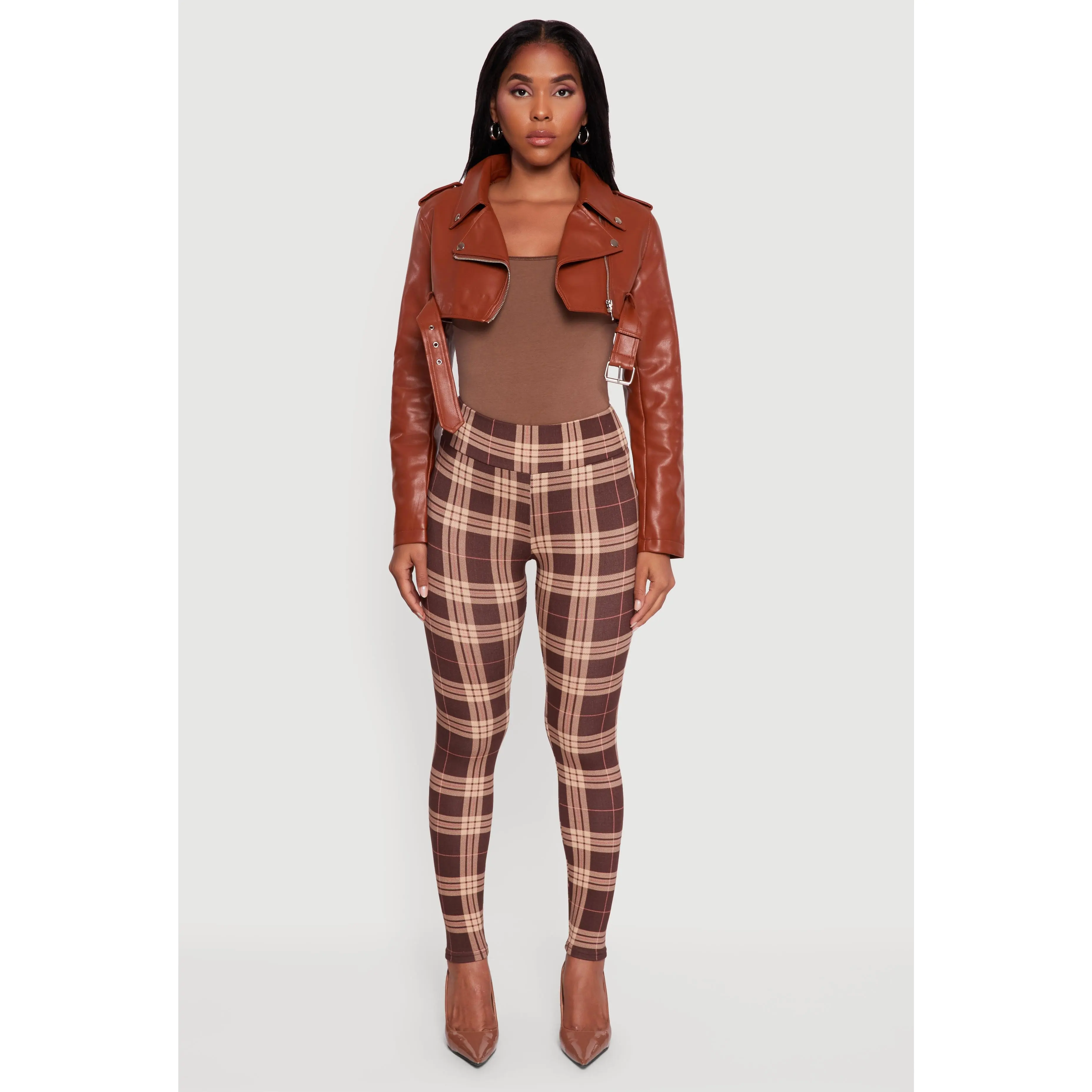Faux Leather Cropped Moto Jacket with Belted Hem