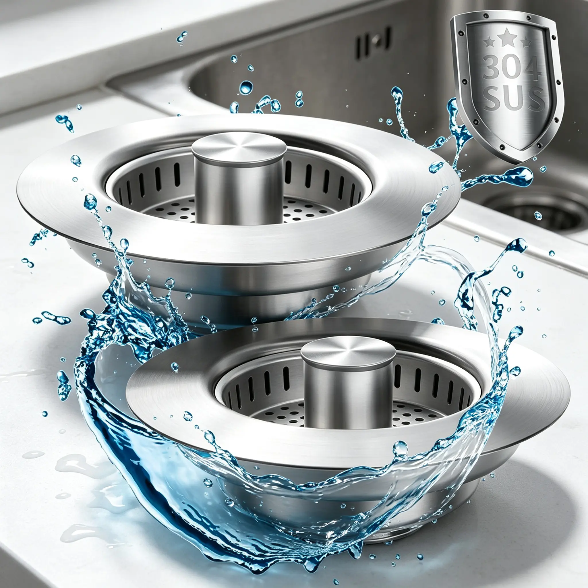 Full Stainless Steel Kitchen Sink Drain Stopper Set – 3-in-1 Push-Up Sink Strainer with Pull Rod, Fits US Standard 3-1/2 Inch Drain Hole, Block Clogs Effectively