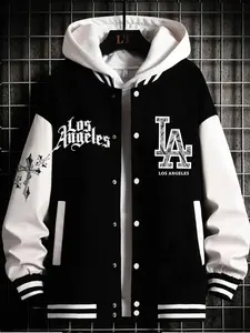 Men's Casual La Letter Print Baseball Jacket, Striped Trim Jacket, Geometric Design, Fitted Style, All Seasons Wear, Versatile Net Version