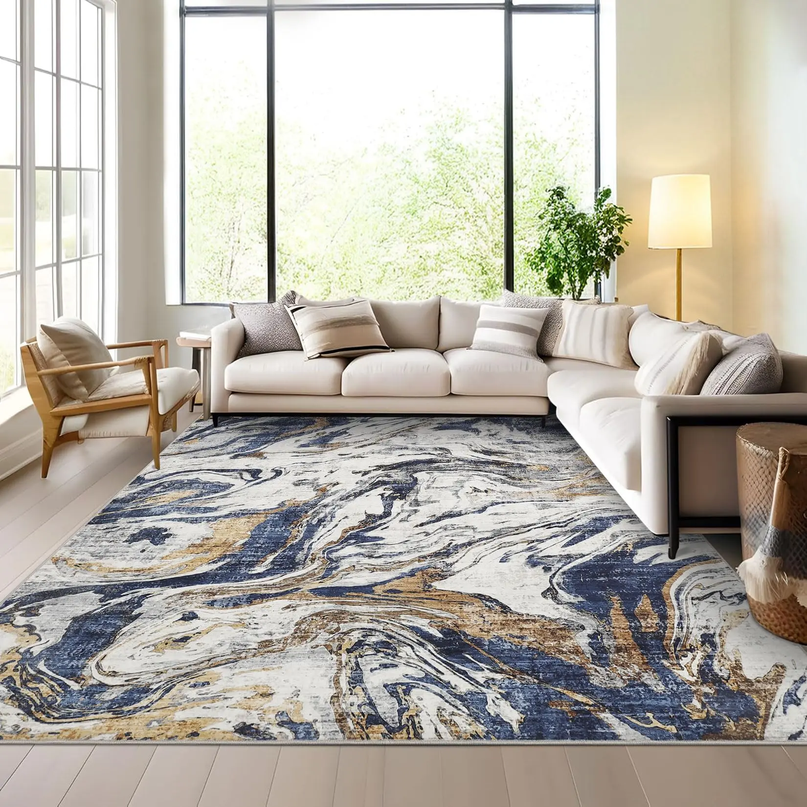 Modern Abstract Area Rug 10x13 Large Machine Washable Rug, Non Slip Faux Wool Soft Floor Carpet, Low Pile Foldable Accent Rug for High Traffic Areas in Living Room, Bedroom, Blue