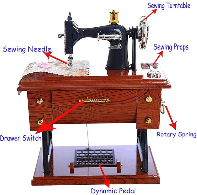 Vintage Mini Sewing Machine Music Box, European Retro Classical Treadle Sewing Machine Table Desk Mechanical Clockwork Music Box for Home Decor Birthday Gift