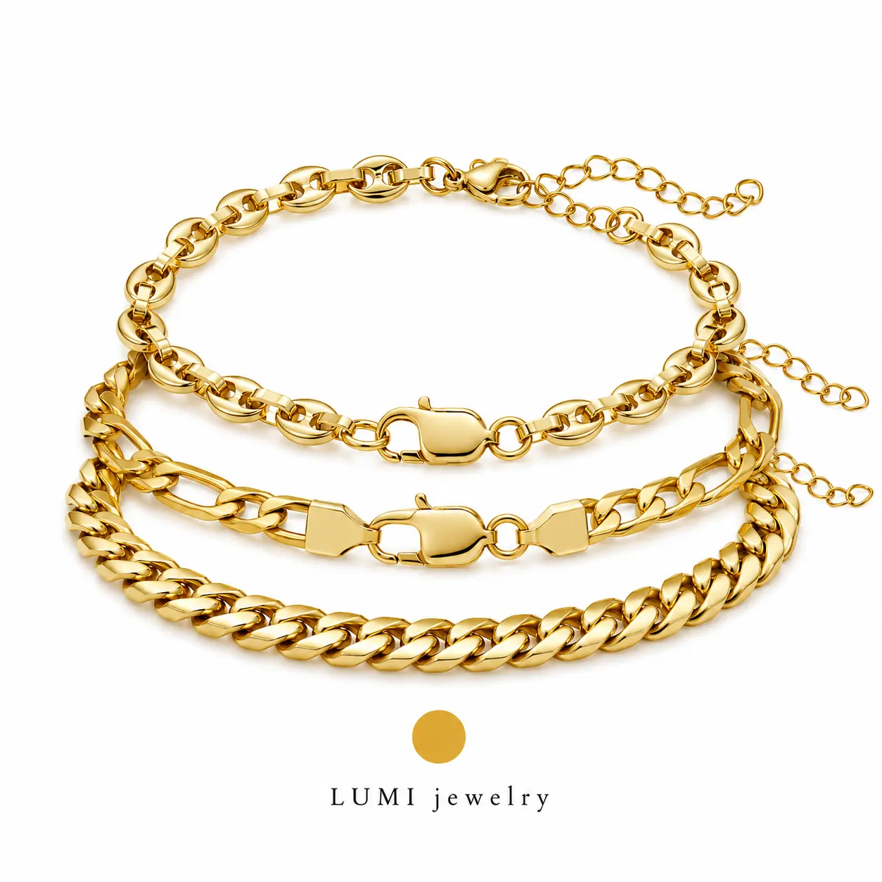 3pcs 14K Gold Plated Anklet Set, Cuban Link, Mariner Link & Alternating Chain, Adjustable 9.5in + 3in Extender, Layered Ankle Jewelry for Women