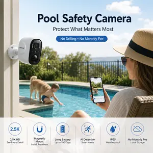 2.5K Wireless Pool Safety Camera, Magnetic Security Camera with AI Human Detection, No Drilling, No Monthly Fee, Indoor Outdoor WiFi Camera neighbor pool cameras Indoor Pan Tilt Security Camera with AI AI Security Camera Baby Monitor Camera