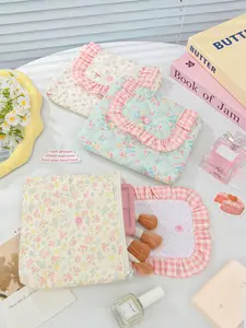 Colorful Floral Print Ruffled Edge Mini Makeup Bag, Cute Travel Organizer for Lipstick, Coins, Keys, Versatile Storage for All Seasons, Handheld Cosmetic Pouch