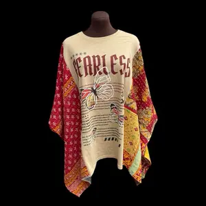 Ladies Upcycled Boho Poncho with Kantha Sleeves Blouse Womenswear Shirts Top