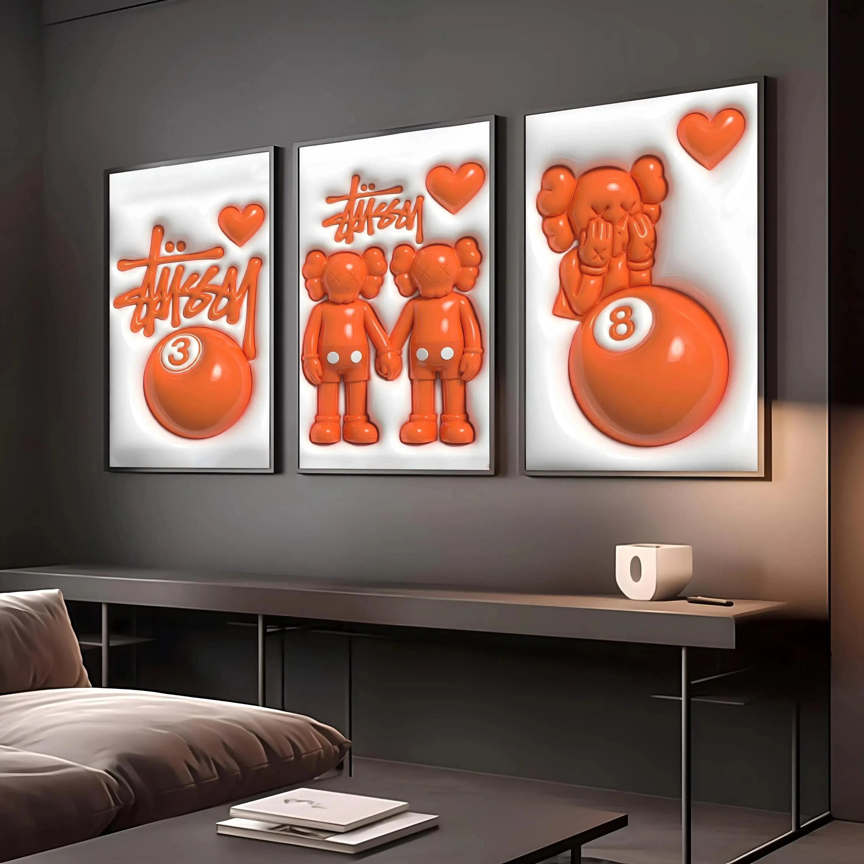 Set of 3 Orange Hypebeast Kaws Posters, Companion Street Art, Graffiti Digital Prints, Sneaker Toy Home Decor Wall Art