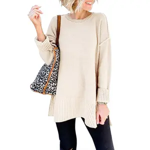 MEROKEETY Women’s Side Split Knit Sweater – Cozy Loose Fit Crew Neck Pullover for Fall Layering, Casual Looks & Cute Halloween Outfits