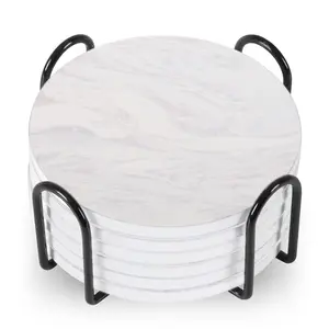 Round Absorbent Coasters for Drinks, Coffee Table Durable Cup Coaster, Set Of 6 Beverage Coasters With Stand Round 4in Ceramic Coaster for Desk Lounge Coasters Coffee