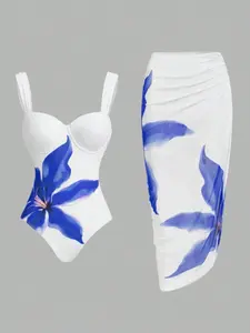 Women's Colorblock Floral Print One-Piece Swimsuit & Tulle Cover Up Skirt Set, Swimsuit Coverup, Casual Fashion Swimwear Set for Beach Holiday Vacation, Ladies Swimsuit for All Seasons