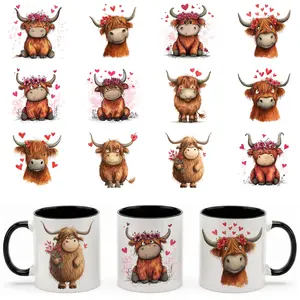 Valentine's Day Highland Cow UV DTF Transfer Stickers, Floral Heart & Farm Animal Designs, Vibrant & Durable for Mugs Tumblers, DIY Decorations, Gift Versatility