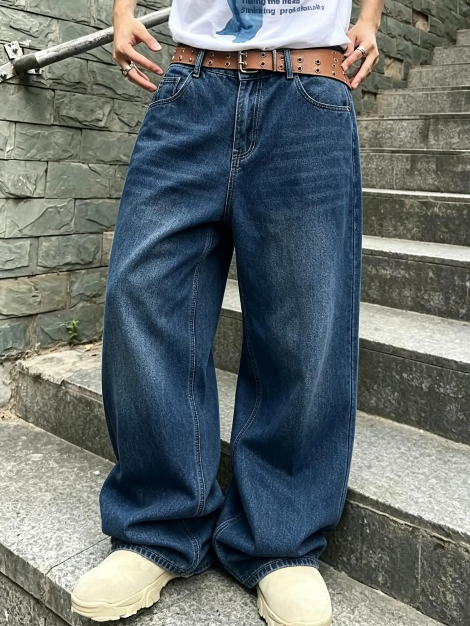 Men's Retro Washed Loose Straight Menswear Jeans - Zipper Fly, Plain Solid Color, Pockets, Premium Denim, Casual Street Style, All-Season Long Jeans (Belt Not Included), Oversized