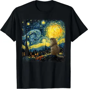 Groundhog Shirt Starry Night Van Gogh Groundhog Day T-Shirt Pure Cotton Graphic Tees Menswear Top: Gifts for Men & Women