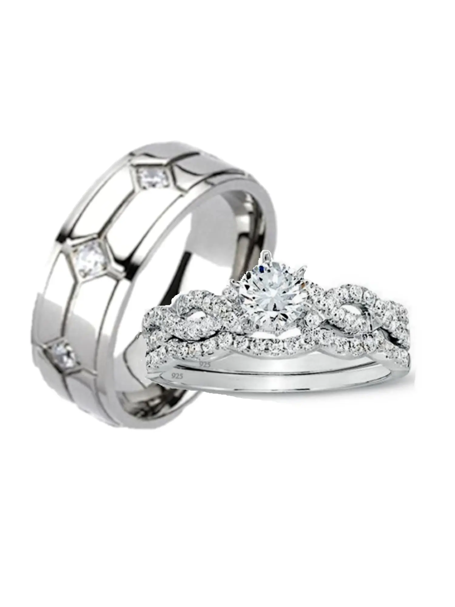 His and Hers Wedding Ring Set Women's Sterling Silver Infinity Style Men's Titanium Engagement Set with AAA Quality Cubic Zirconia Stones and Contoured Pave Band