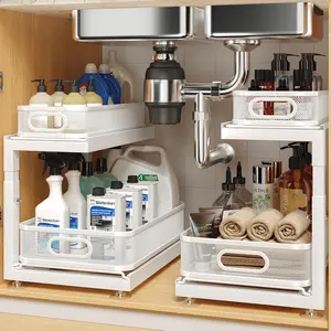 2-Pack 2-Tier Slide Out Under Sink Storage Organizer, Mesh Pull Out Shelf for Kitchen & Bathroom, Fits Small Items, Upgraded Arched Track for Smooth Gliding (Patented)