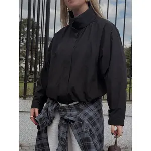 Women’s Winter Coats and Jackets — Black Stand-Collar Jacket, Oversized Windbreaker, Hidden-Placket Streetwear, Women’s Casual Outerwear, Casual Fitted Jacket