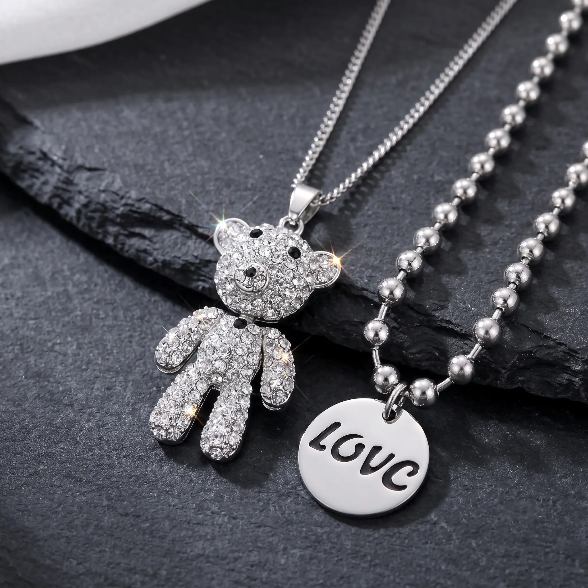 2-in 1 Cute Sparkly Bear Double Layer Necklace S925 Silver Layered Chain with Love Disc Pendant Trendy Aesthetic Jewelry Gift for Her Best Friend Sister Girlfriend