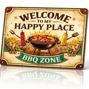Welcome To My Happy Place BBQ Zone Metal Sign, 8x12 Inch Aluminum Wall Decor, Rustic Outdoor Style for Backyard, Patio, Grill Area