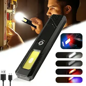 1PC LED Work Light , USB Rechargeable Flashlight, Flat Tactical Flashlight with White Light, Red & Blue Light, IPX4 Waterproof, Magnetic Base for Home, Outdoor Work & Emergency, Handheld Flashlight, High Lumens Flashlight