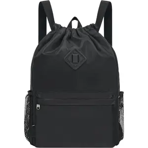 Drawstring Backpack Sports Gym Bag with Shoes Compartment, Water-Resistant String Backpack Cinch for Women Men (Large,Black)