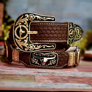 Longhorn Western Belt  Texas style Cowboy Cowgirl/ star  Gold  genuine Leather sz Large/medium coffee brown
