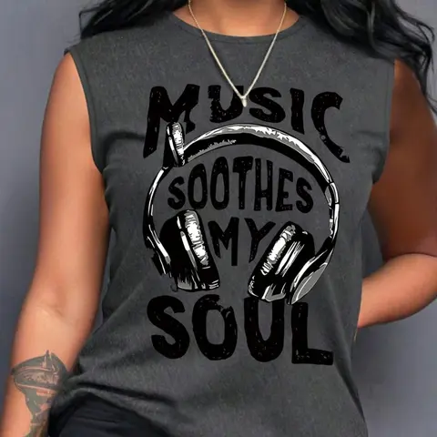 Women's Summer Casual Loose-Fitting Knit Tank Top Sleeveless Clothing, Soft Comfortable Home Wear with Headphone and Letter Print, Must-Have for Relaxing Womenswear