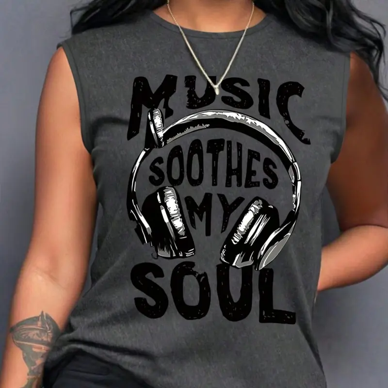 Women's Summer Casual Loose-Fitting Knit Tank Top Sleeveless Clothing, Soft Comfortable Home Wear with Headphone and Letter Print, Must-Have for Relaxing Womenswear