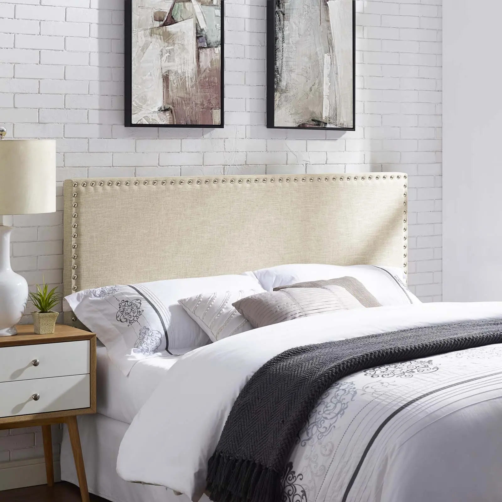 Modway Phoebe Queen-Size Linen Fabric Headboard, Beige - Modern Indoor Furniture Headboards with Adjustable Legs, Nail Buttons, Solid Wood Frame