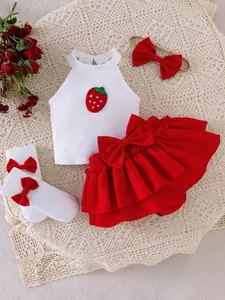 Baby Girl 5-Piece Set, Strawberry Embroidery Sleeveless Tank Top, Bow Tiered Dress, Hairband, Socks, Sweet Baby Fashion, Summer Gift Set