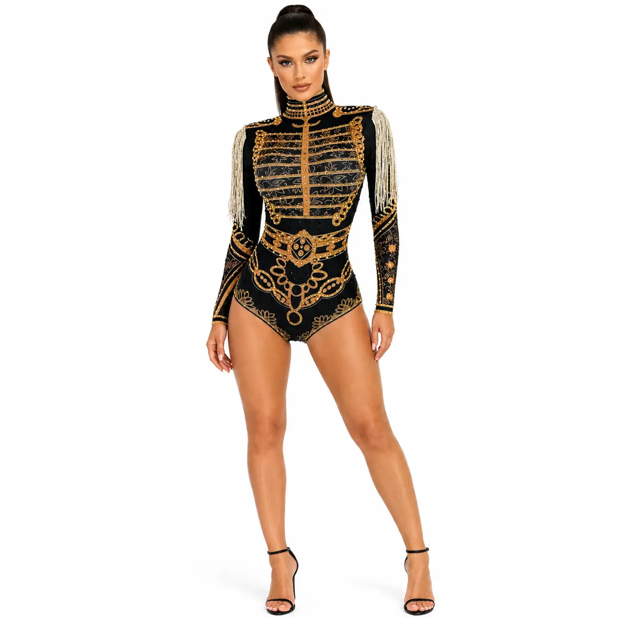 Lady's Elegant Women's Clothes Black & Gold Long-Sleeve Rhinestone Fringe Bodysuit - Sequin-Detailed Stage Costume for Dance, Nightclub Shows