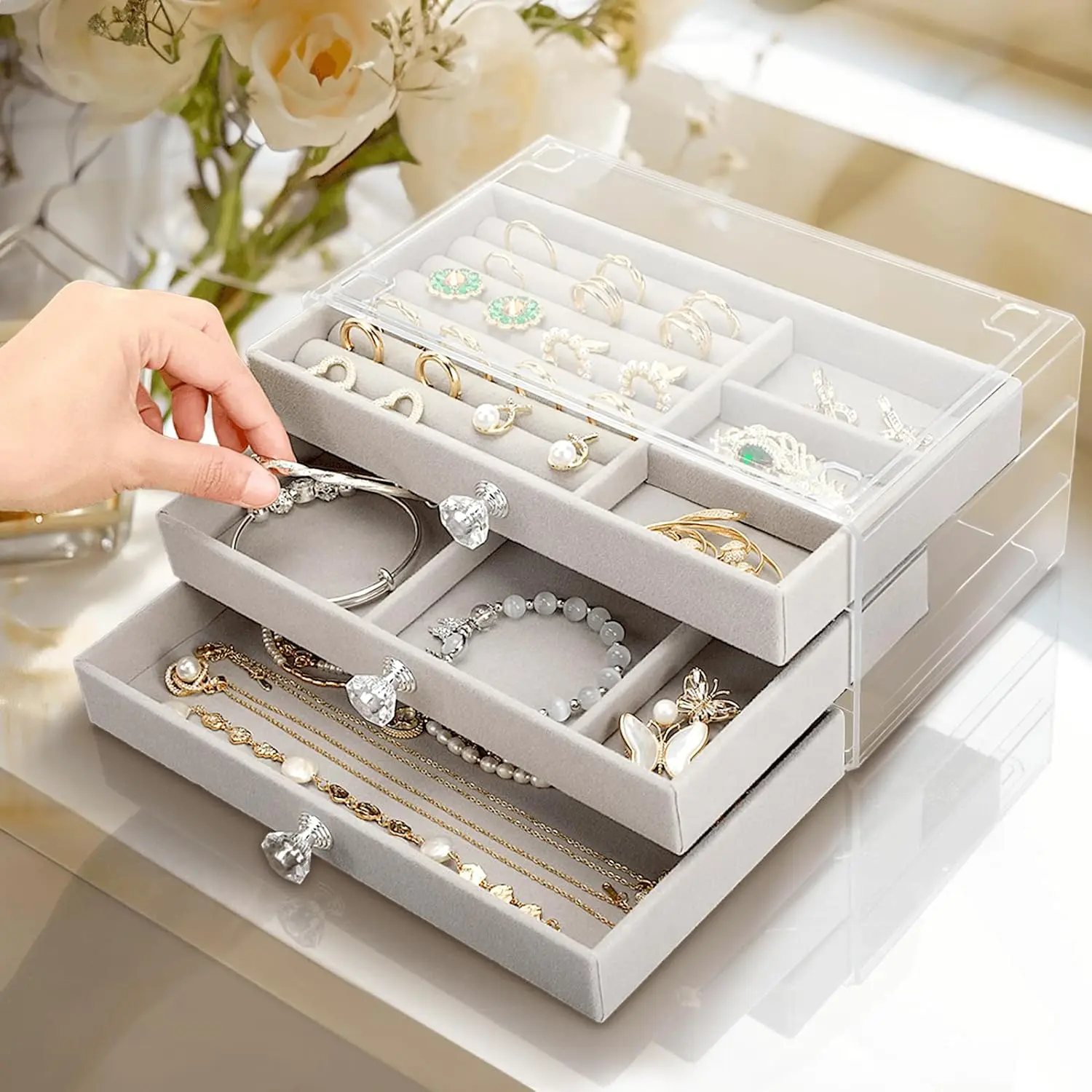 Acrylic 3 Drawer Jewelry Box with Earring Organizer Elegant See-Through Display for Rings Earrings Necklaces Christmas Gifts for Mom Girlfriend