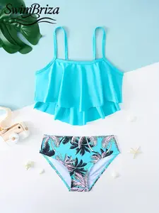 Briza｜ Girls Two Piece Tankini Swimsuit Ruffle Flounce Top with Palm Tree Print Bottoms Kids Bathing Suit Beach Swimwear