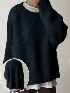 Autumn Winter Round Neck Pullover Long Sleeve Shirt, Womenswear Basic Casual Fitted Design, Comfortable Knitwear Fabric for Everyday Wear & Outdoor Activities, Sweater