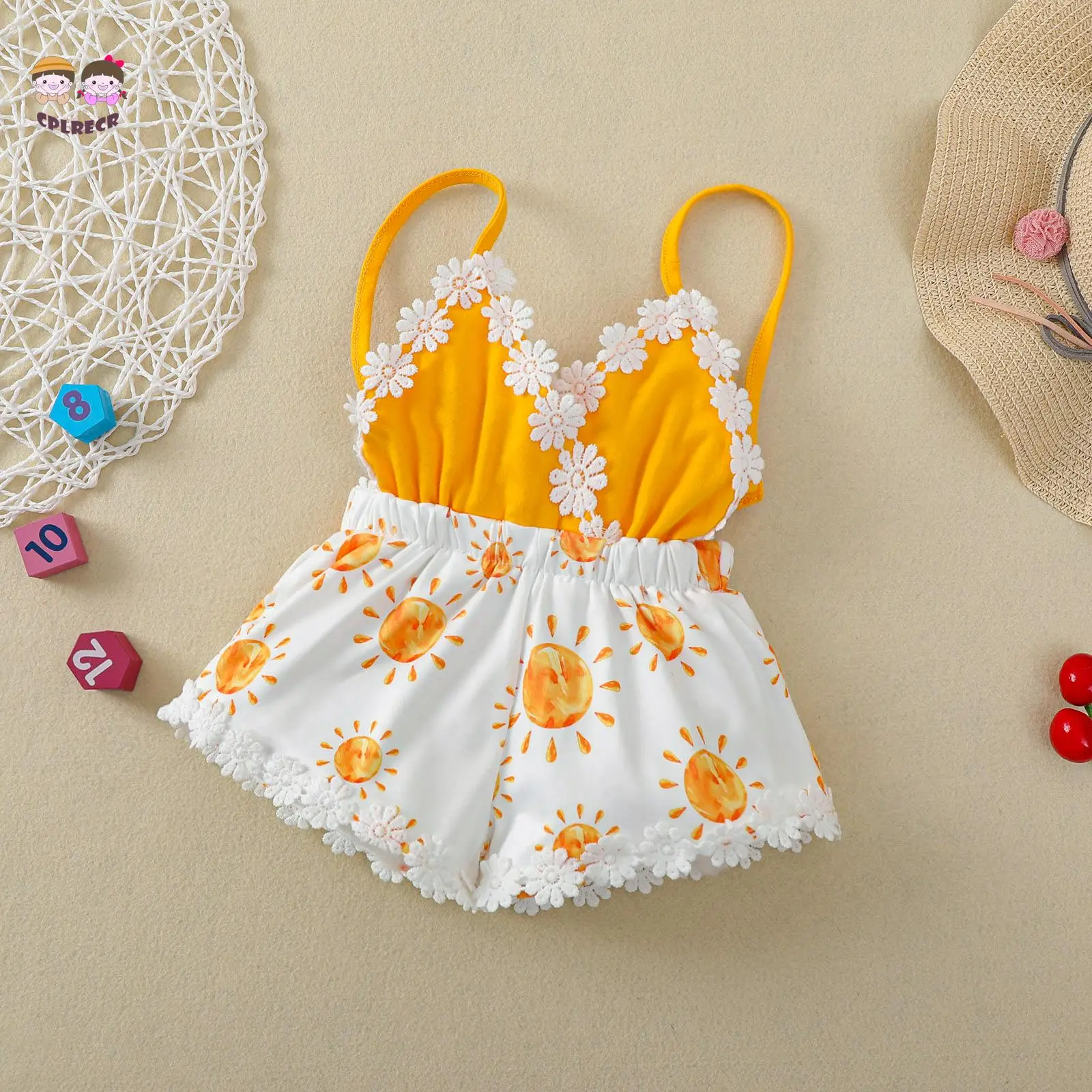 Newborn Casual Style Romper, Baby Girl Sleeveless Sun Print V-neck Playsuit with Decorative Flower